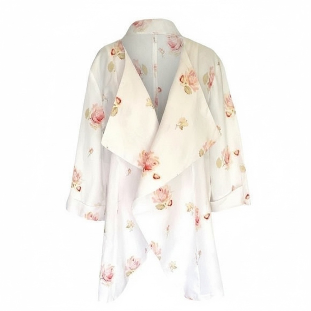 FOR CYNTHIA WOMEN'S FLORAL LINEN / OPEN FRONT DRAPED DUSTER TOPPER COAT, MEDIUM